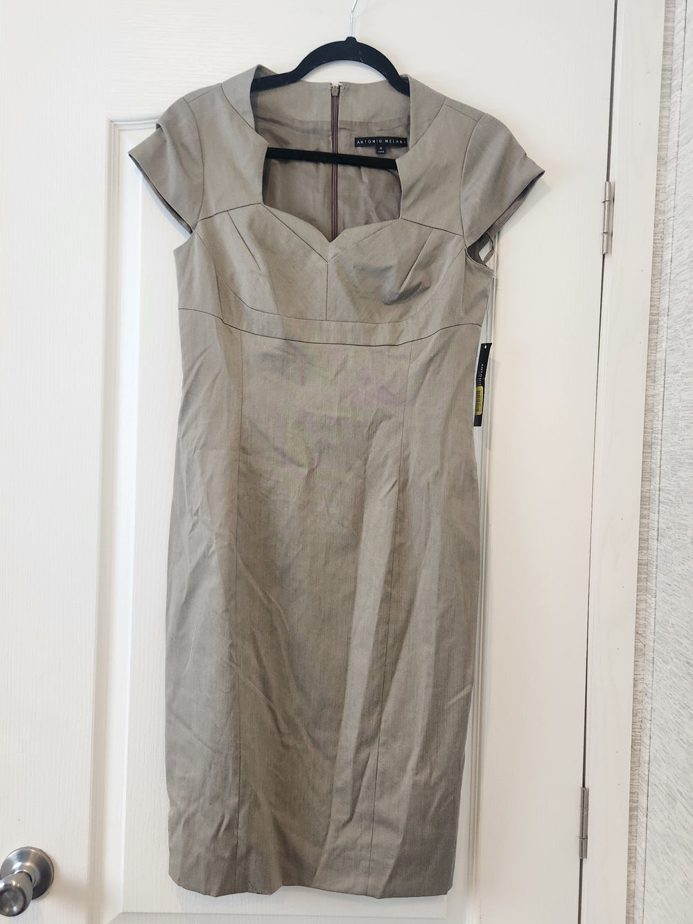 ANTONIO MELANI Taupe Cap Sleeve Midi Sheath Dress 4 BNWT